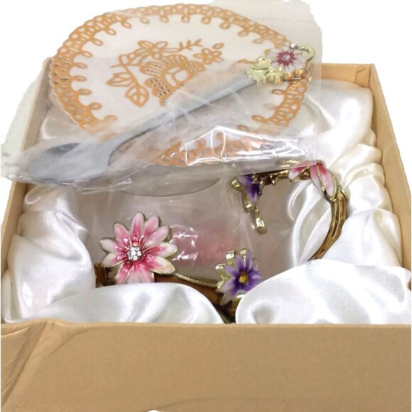 Luxury Unique Glass Tea Cup Coffee Mug Flower Gold Enamel w/Lined Gift Box- New! - Picture 1 of 10